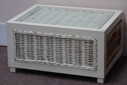 White painted wood and rattan coffee table with two basket drawers, 81cm x 61cm,