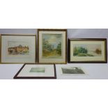 Rural landscapes, collection of watercolours, oil on board and prints including Windmill Scene,