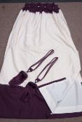 Pair purple and cream lined curtains,