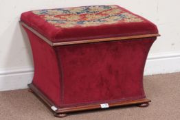 Victorian mahogany ottoman footstool with hinged needlework top on bun feet, W58cm, D54cm,