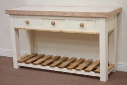 Traditional painted pine three drawer dresser with polished concrete top and pot board base, W155cm,