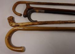 Walking stick with hallmarked silver collar and antler handle and four others Condition