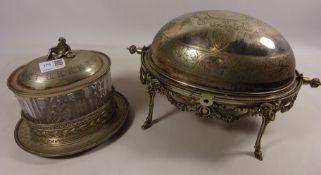 Victorian silver plate and cut glass biscuit barrel on stand & a revolving breakfast dish (2)
