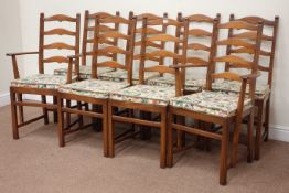 Set of eight Ercol ladder back dining chairs including two elbow chirs with loose seat pads (8)