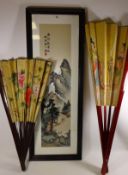 Oriental Landscape on silk 88cm x 21cm & two large fans with painted decoration (3)