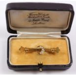 Crescent seed pearl bar brooch stamped 9ct in original box Condition Report <a