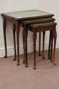 20th century nest of three tables with inset glass top on cabriole legs W51cm, L39cm,