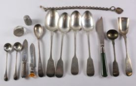 Hallmarked silver including two 1920's bookmarks, fruit knife with jade handle, thimble, bracelet,
