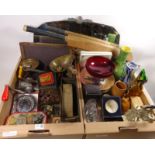Box of kitchenalia, cricket bat, pen nibs, old slate board, Art Deco style mirror, brassware, cruet,