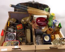 Box of kitchenalia, cricket bat, pen nibs, old slate board, Art Deco style mirror, brassware, cruet,