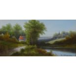 Rural Scene with Stream Cottage and Church,