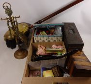 19th Century tea caddy, collection of playing cards, 19th Century warming pan,