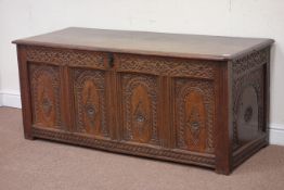 18th century oak blanket box, strapwork carving to frieze, and carved panels to front and sides,