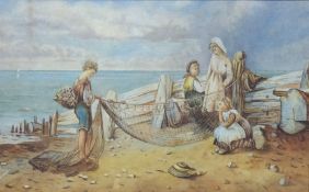 Mending Nets, watercolour unsigned English School (19th century),