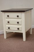 Painted three drawer chest with mahogany top, W81cm, H90cm,