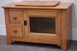 Oak television cabinet, single glazed door, two drawers, swivel top, W118cm, H77cm,