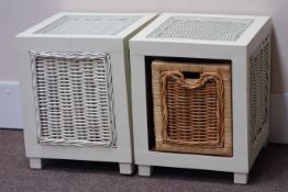 Pair white painted wood and rattan side tables with basket drawers, 46cm x 46cm,