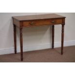 Early 19th century mahogany single drawer side table on ring turned supports,W92cm, D51cm,