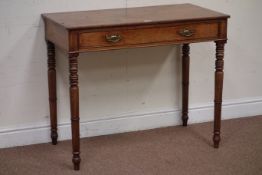 Early 19th century mahogany single drawer side table on ring turned supports,W92cm, D51cm,