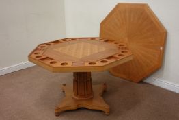 1960's oak & teak octagonal Games/dining table inlaid with chess board & table top, W120cm,