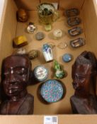 Pair of carved wood African heads, Cloisonne and enamelled items,