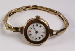 Ladies Dreadnought Swiss made 9ct gold wristwatch import marks London 1916 on expandable bracelet