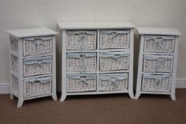 White painted six drawer basket chest, W78cm & a pair of matching three drawer chests,