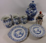 Set of three Old Chelsea blue and white graduating jugs, matching plates,