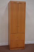 Light wood narrow wardrobe with two doors above two drawers, W63cm, D60cm,