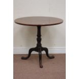 George III mahogany circular tilt top tripod table, turned column, D79cm,