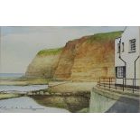 'The Cod Pool' looking towards Penny Nab Staithes, watercolour signed and dated R Kildear 1990,