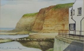 'The Cod Pool' looking towards Penny Nab Staithes, watercolour signed and dated R Kildear 1990,