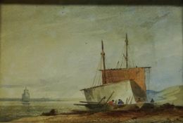 Beached Fishing Boats, watercolour signed and dated M E W Griffithes 1865,