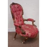 Victorian walnut framed upholstered armchair,