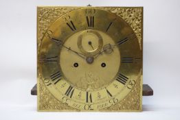 18th century oak longcase clock case, glazed hood, inlaid with ebony, (aperture - 30cm x 29.