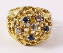 Diamond and sapphire set open-work gold ring stamped 18 approx 9.