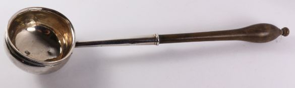 George II silver ladle with turned fruitwood handle probably by Edward Wood London 1743,
