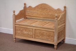 Carved mahogany bench with blanket box seat, turned finials, W100cm, D48cm,