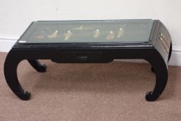 Chinese black lacquered coffee table, single drawer, 91cm x 41cm,