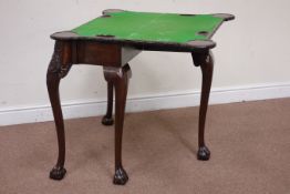 Georgian style mahogany fold over card table, baize lined with sunken counter wells, gateleg base,