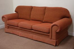 Three seat sofa in red cord covers, W230cm, D104cm,