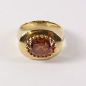 Heavy gold dress ring set with a citrine and a lower band of stones stamped 585 approx 8.