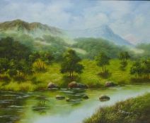 River and Mountain Landscape Scene,