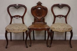 Pair of Victorian walnut salon chairs on cabriole legs & a Victorian oak hall chair,
