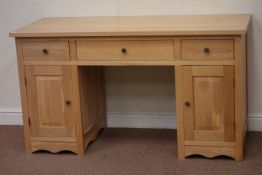 Light oak desk, three drawers, two cupboards, W141cm, H78cm,