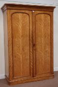 Victorian satin walnut double wardrobe, interior fitted with drawers and linen slides, W146cm,