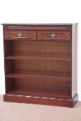 Mahogany open bookcase with two drawers, W94cm, D30cm,