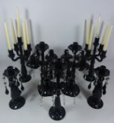 Set of three glass candelabra's and two other pairs of similar candle sticks Condition