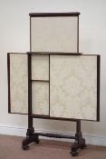 Early Victorian mahogany fire screen, sliding panels upholstered in cream chenille fabric,