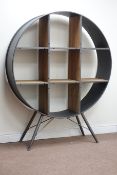 Retro industrial wood and metal circular moon storage stand, W120cm, H153cm,